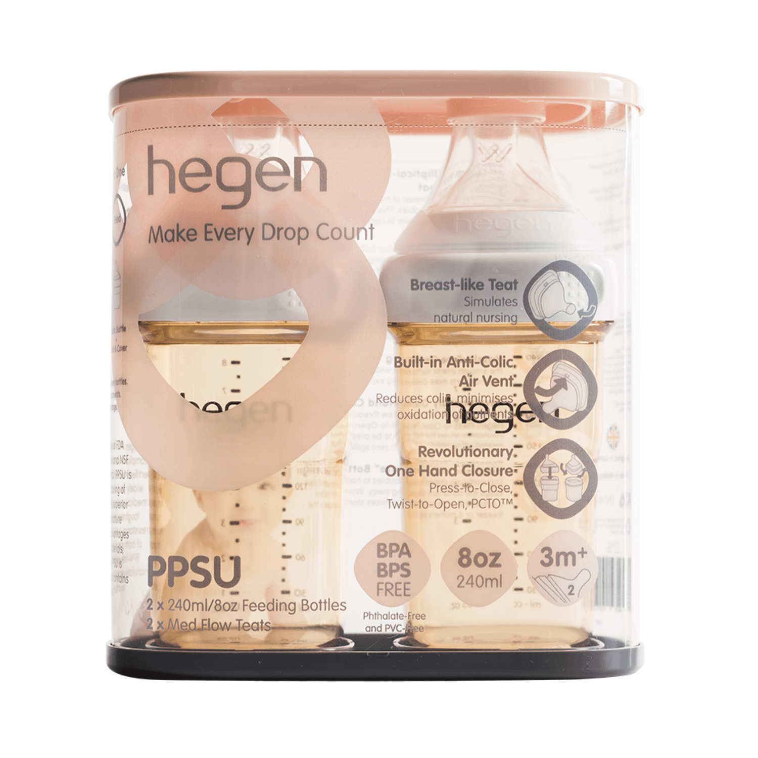Hegen PCTO™ 240ml/8oz Feeding Bottle PPSU, 2-Pack with 2 x Medium Flow  Nipple (3 to 6 months)